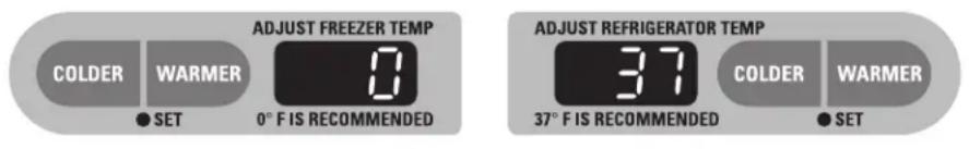 ADJUST FREEZER TEMP COLDER WARMER 0° F IS RECOMMENDED ADJUST REFRIGERATOR TEMP 37° F IS RECOMMENDED COLDER WARMER SET SET