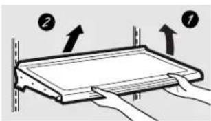 Diagram showing two labeled arrows pointing to a rectangular object with a handle, likely illustrating a process or assembly.