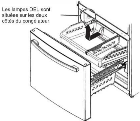 Les lampes DEL sont situées sur les deux côtés du congélateur