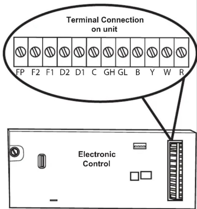 Terminal Connection on unit FP F2 F1 D2 D1 C GH GL B Y W R Electronic Control