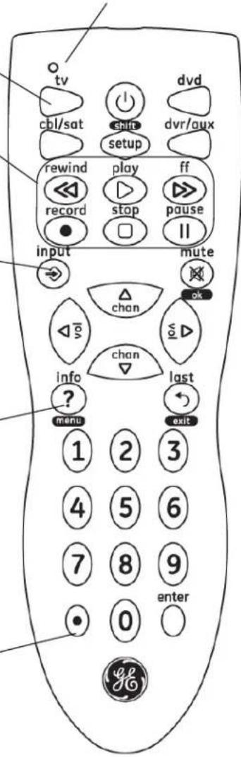 tv cbl/sat shift setup dvd dvr/aux rewind play ff record stop pause input mute chan ok info ? last menu exit 1 2 3 4 5 6 7 8 9 enter 0