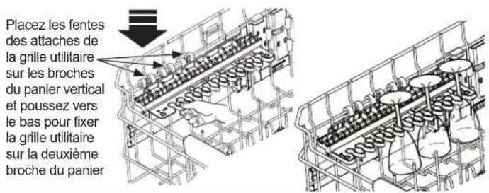 Placez les fentes des attaches de la grille utilitaire sur les broches du panier vertical et poussez vers le bas pour fixer la grille utilitaire sur la deuxième broche du panier