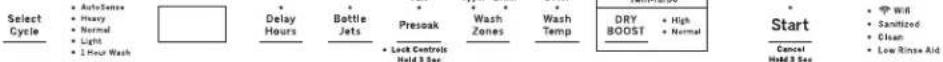 Select Cycle • AutoSense • Heavy • Normal • Light • 1 Hour Wash Delay Hours • Bottle Jets • Pressoak • Wash Zones • Wash Temp DRY BOOST • High • Normal Start Cancel Held & See • Will • Sanitized • Clean • Low Rinse Aid