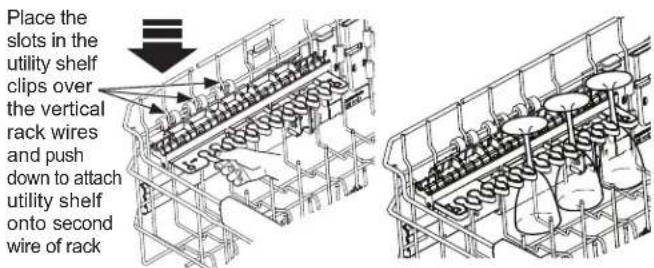 Place the slots in the utility shelf clips over the vertical rack wires and push down to attach utility shelf onto second wire of rack