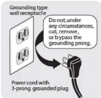 Grounding type: wall receptacle Do not, under any circumstances, cut, remove, or bypass the grounding prong. Power cord with 3-prong grounded plug