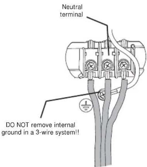Neutral terminal DO NOT remove internal ground in a 3-wire system!!