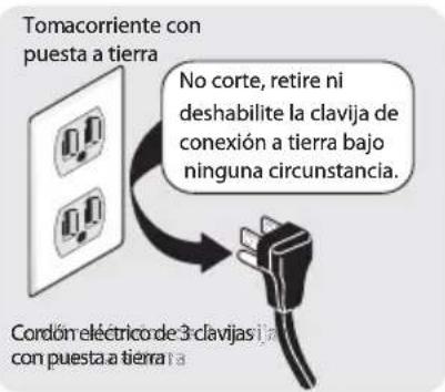 Tomacorriente con puesta a tierra No corte, retire ni deshabilite la clavija de conexión a tierra bajo ninguna circunstancia. Cordón eléctrico de 3 clavijas i con puesta a tierra