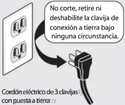 No corte, retire ni deshabilite la clavija de conexión a tierra bajo ninguna circunstancia. Cordón eléctrico de 3 clavijas y con puesta a tierra