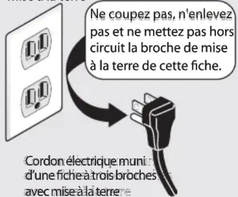 Ne coupez pas, n'enlevez pas et ne mettez pas hors circuit la broche de mise à la terre de cette fiche. Cordon électrique munit d'une fiche à trois broches avec mise à la terre