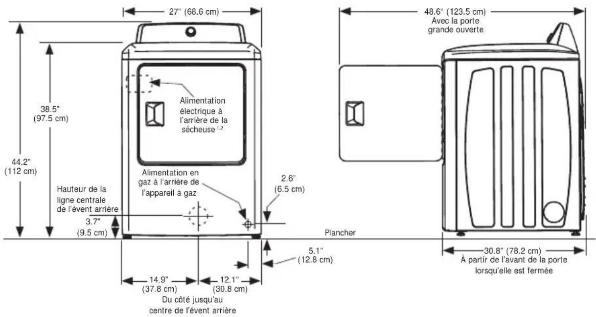 27" (68.6 cm) 38.5" (97.5 cm) 44.2" (112 cm) Hauteur de la ligne centrale de l'évent arrière 3.7" (9.5 cm) Alimentation électrique à l'arrière de la sécheuse 1,2 Alimentation en gaz à l'arrière de l'appareil à gaz 2.6" (6.5 cm) Plancher 14.9" (37.8 cm) 12.1" (30.8 cm) Du côté jusqu'au centre de l'évent arrière 48.6" (123.5 cm) Avec la porte grande ouverte 5.1" (12.8 cm) 30.8" (78.2 cm) À partir de l'avant de la porte lorsqu'elle est fermée