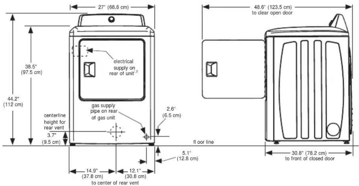 27" (68.6 cm) 38.5" (97.5 cm) 44.2" (112 cm) centerline height for rear vent 3.7" (9.5 cm) electrical supply on rear of unit 2 gas supply pipe on rear of gas unit 2.6" (6.5 cm) floor line 5.1" (12.8 cm) 14.9" (37.8 cm) 12.1" (30.8 cm) to center of rear vent 48.6" (123.5 cm) to clear open door 30.8" (78.2 cm) to front of closed door
