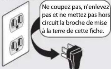 Ne coupez pas, n'enlevez pas et ne mettez pas hors circuit la broche de mise à la terre de cette fiche.