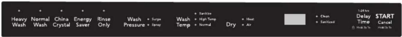 Heavy Wash Normal Wash China Crystal Energy Saver Rinse Only Wash Pressure Surge Spray Wash Temp Sanitro High-Temp Normal Dry Heat Air Clean Sanitized 1:24 hrs Delay Time START Cancel Hold to be Hold to be
