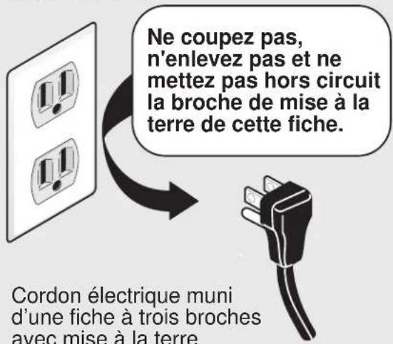 Ne coupez pas, n'enlevez pas et ne mettez pas hors circuit la broche de mise à la terre de cette fiche. Cordon électrique muni d'une fiche à trois broches avec mise à la terre