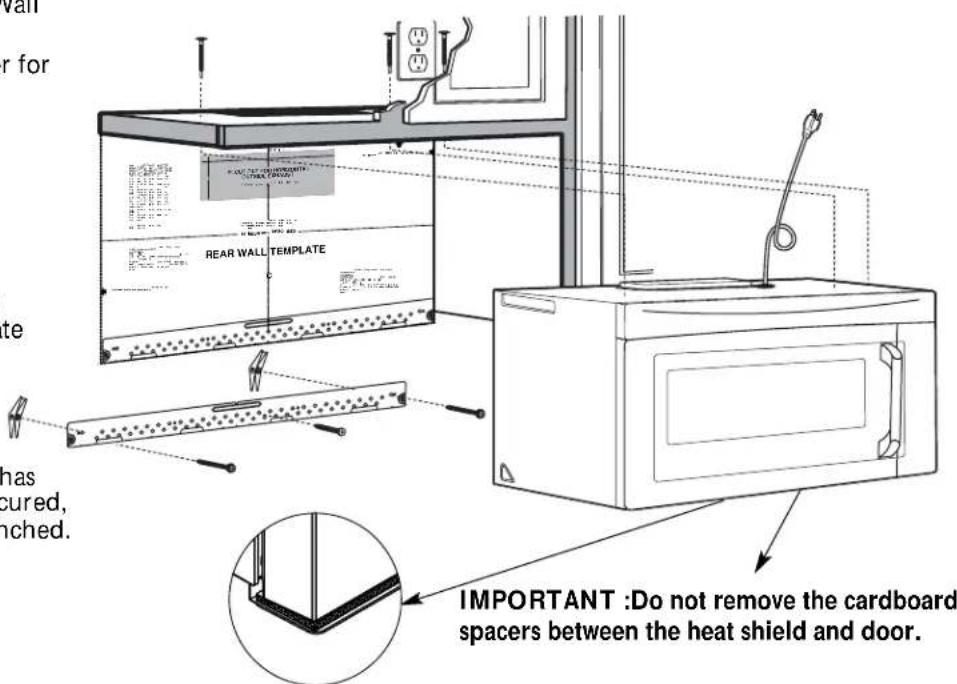 Rear WALL TEMPLATE IMPORTANT :Do not remove the cardboard spacers between the heat shield and door.