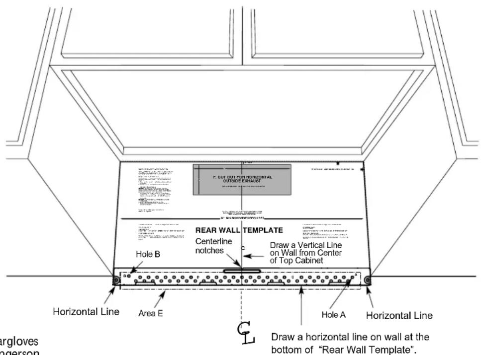 P. CUT OUT FOR HORIZONTAL OUTSIDE EXHAUST REAR WALL TEMPLATE HOLE B Centerline notches Draw a Vertical Line on Wall from Center of Top Cabinet Horizontal Line Area E Hole A Horizontal Line Draw a horizontal line on wall at the bottom of "Rear Wall Template". orgloves ngerson