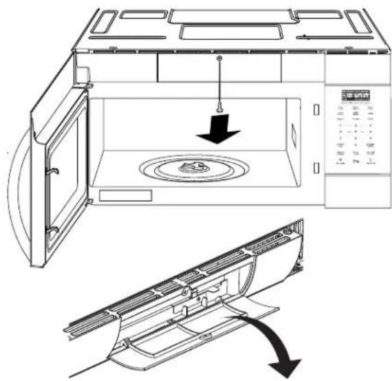 Technical diagram of a microwave oven with labeled components and airflow direction arrows