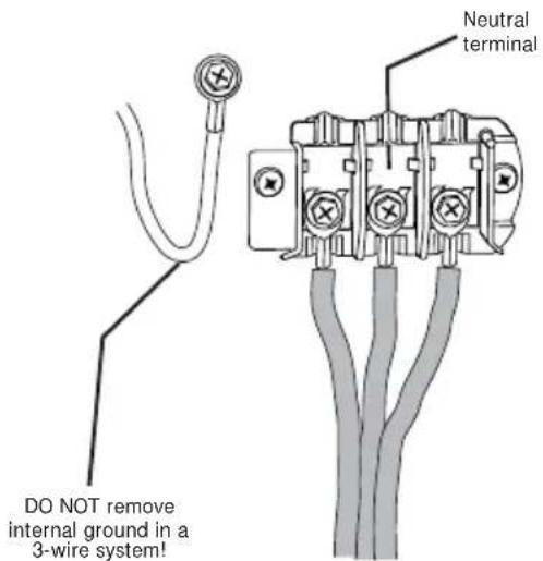 Neutral terminal DO NOT remove internal ground in a 3-wire system!