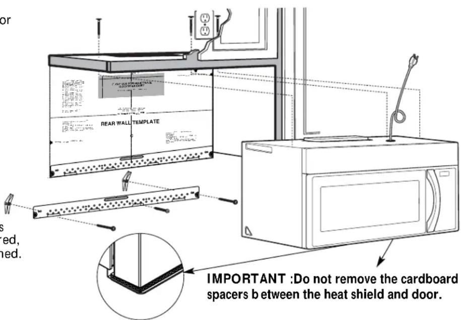 or REAR WALL TEMPLATE IMPORTANT :Do not remove the cardboard spacers b between the heat shield and door.