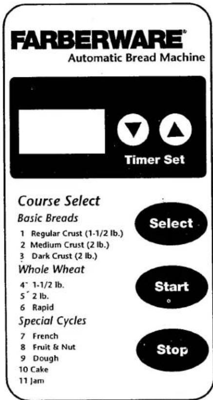 FARBERWARE® Automatic Bread Machine Timer Set Course Select Basic Breads 1 Regular Crust (1-1/2 lb.) 2 Medium Crust (2 lb.) 3 Dark Crust (2 lb.) Whole Wheat 4" 1-1/2 lb. 5" 2 lb. 6 Rapid Special Cycles 7 French 8 Fruit & Nut 9 Dough 10 Cake 11 Jam Select Start Stop