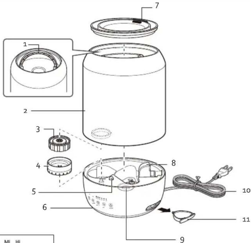 Labeled diagram of a rice cooker interior showing internal components and parts with numbered parts