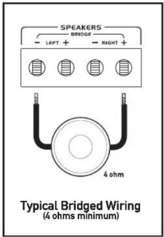 SPEAKERS BRIDGE LEFT + RIGHT + 4 ohm Typical Bridged Wiring (4 ohms minimum)