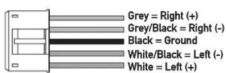 Grey = Right (+) Grey/Black = Right (-) Black = Ground White/Black = Left (-) White = Left (+)
