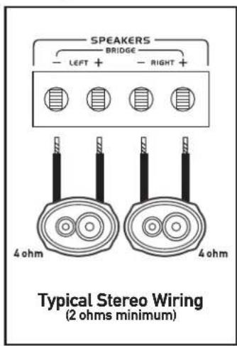 SPEAKERS BRIDGE - LEFT + - RIGHT + 4 ohm 4 ohm Typical Stereo Wiring (2 ohms minimum)