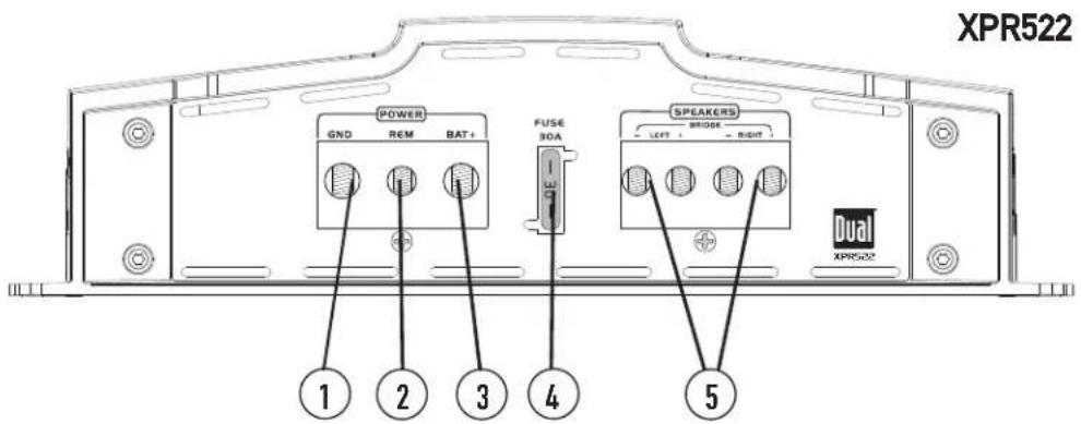 XPR522 POWER GND REM BAT+ FUSE BOA SPEAKERS LEFT BRIDGE RIGHT 1 2 3 4 5 Dual XPR502