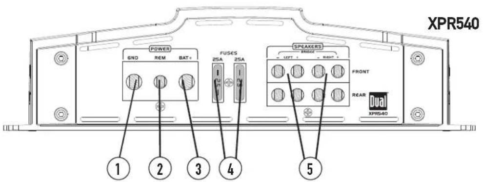 XPR540 POWER END REM BAT+ FUSES 25A 25A SPEAKERS LEFT RIGHT + FRONT REAR XPR540 1 2 3 4 5