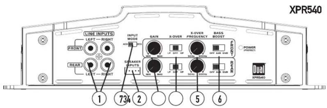 XPR540 LINE INPUTS LEFT - RIGHT FRONT REAR LEFT - RIGHT INPUT MODE 4CH 2CH GAIN X-OVER FREQUENCY BASS BOOST MIN MAX LP OFF HP SONA SONA OFF EER UDB FRONT POWER INTERST1 SPEAKER INPUTS MIN MAX LP OFF HP SONA SONA OFF EER UDB REAR Dual XPR540 1 734 2 5 6