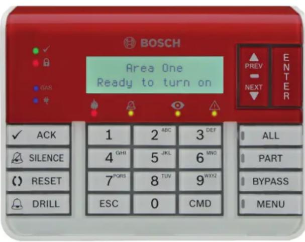 BOSCH Area One Ready to turn on PREV NEXT ENTER ✓ ACK 1 2 ABC 3 DEF ALL SILENCE 4 GHI 5 JKL 6 MNO PART (-) RESET 7 PQRS 8 TUV 9 WXYZ BYPASS DRILL ESC 0 CMD MENU