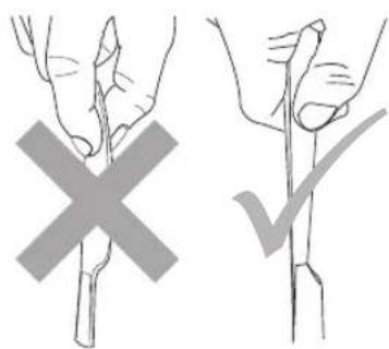 Diagram showing two hand positions with a cross and checkmark indicating incorrect or incorrect actions.