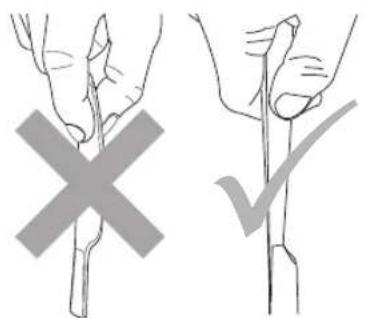 Diagram showing two hand positions with a cross and checkmark, likely illustrating a manual or mechanical procedure.