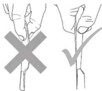 Diagram showing two hand positions with a cross and checkmark, likely illustrating a manual or mechanical procedure.