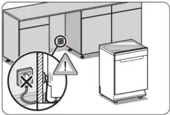 Diagram illustrating appliance safety warning with a power outlet, warning sign, and warning symbol in an appliance store setting