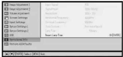 Image Adjustment 1 Image Adjustment 2 Volume Adjustment Screen Settings Input Settings Option Settings 1 Option Settings 2 USB Operational Info Restore AIDelta7a Input Signal Signal Peak Resolution Horizontal Frequency Vertical Frequency Radio System Jung Time Reset Lamp Time FZ EN-06/04/03 EN-06/03 EN-06/02 EN-06/01 Non-processed 5 hours OK [ENTER] [▲] [▼] [ENTER]: Select [MOU] Data