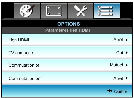 OPTIONS Paramètres lien HDMI Lien HDMI Arrêt ▶ TV comprise Oui ▶ Commutation of Mutuel ▶ Commutation on Arrêt ▶ ← Quitter