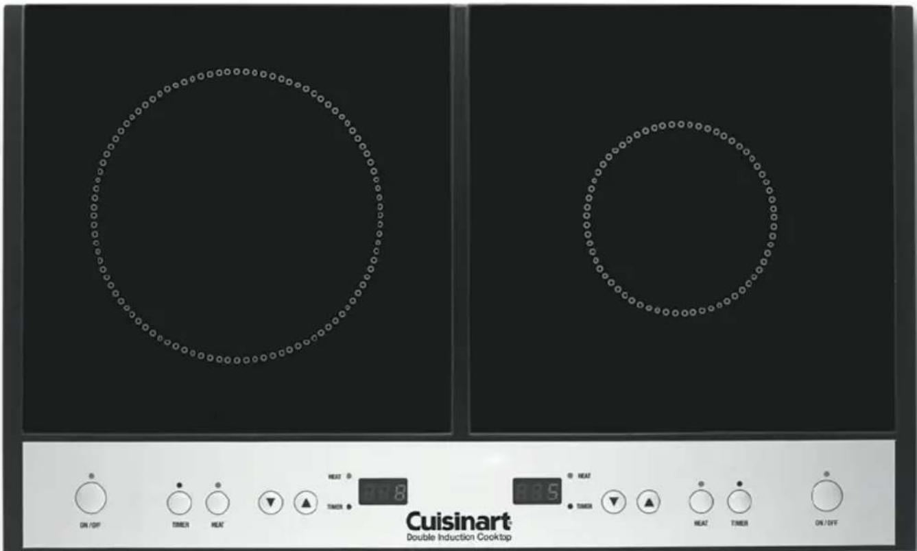 ON / OFF TIMER HEAT Δ TOMER HEAT TOMER ON / OFF Cuisinart Double Induction Cooktop 87.8 83.5 HEAT TOMER Δ HEAT TIMER ON / OFF