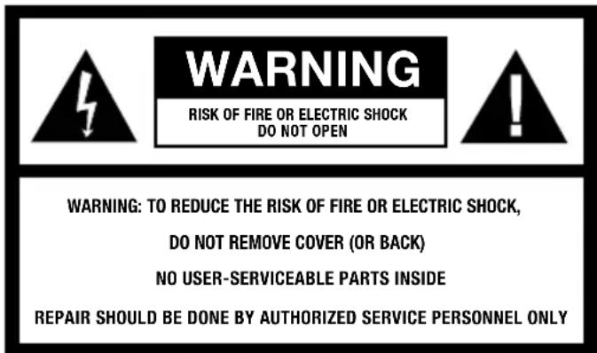 WARNING RISK OF FIRE OR ELECTRIC SHOCK DO NOT OPEN WARNING: TO REDUCE THE RISK OF FIRE OR ELECTRIC SHOCK, DO NOT REMOVE COVER (OR BACK) NO USER-SERVICEABLE PARTS INSIDE REPAIR SHOULD BE DONE BY AUTHORIZED SERVICE PERSONNEL ONLY