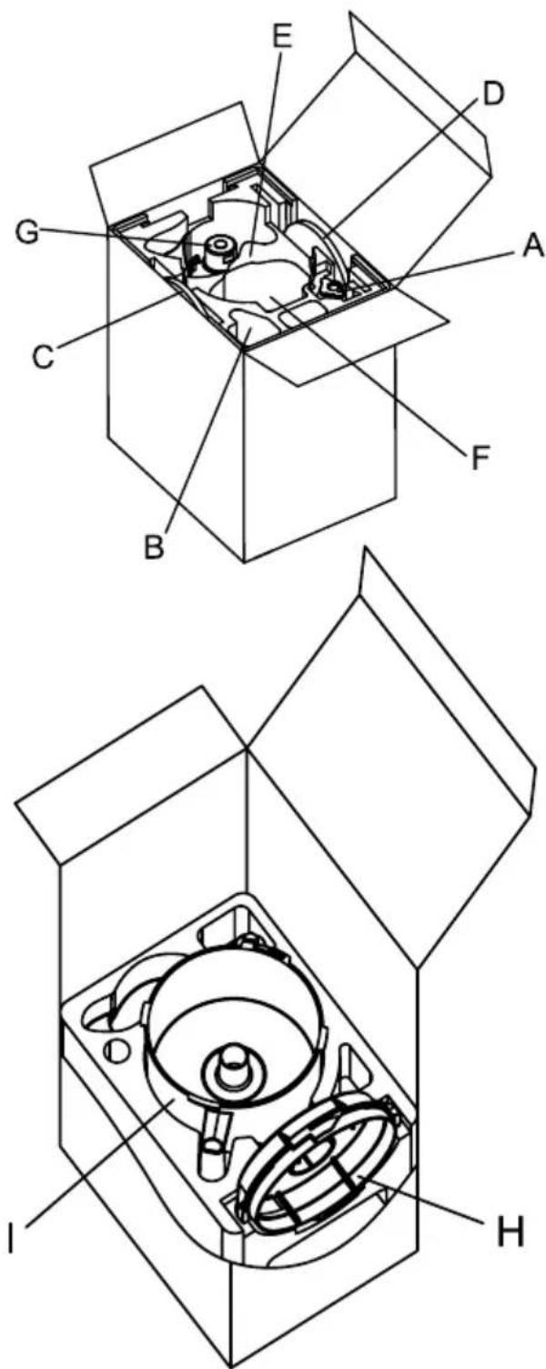Technical diagram of a box with labeled components, showing internal structure and exploded view