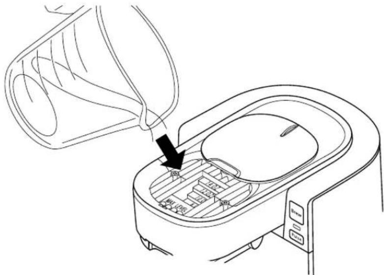 Diagram showing a kitchen appliance with a funnel pouring liquid into a sink, labeled with Chinese text and control buttons.