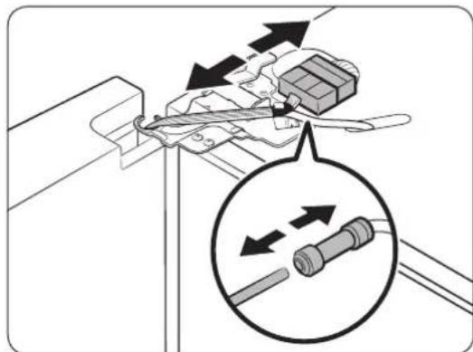 Diagram illustrating mechanical assembly with directional arrows and a magnified inset showing internal components