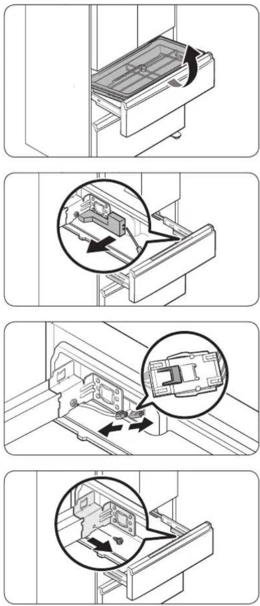 Technical diagram showing four steps of a printer or printer assembly process with labeled components and directional arrows indicating motion.