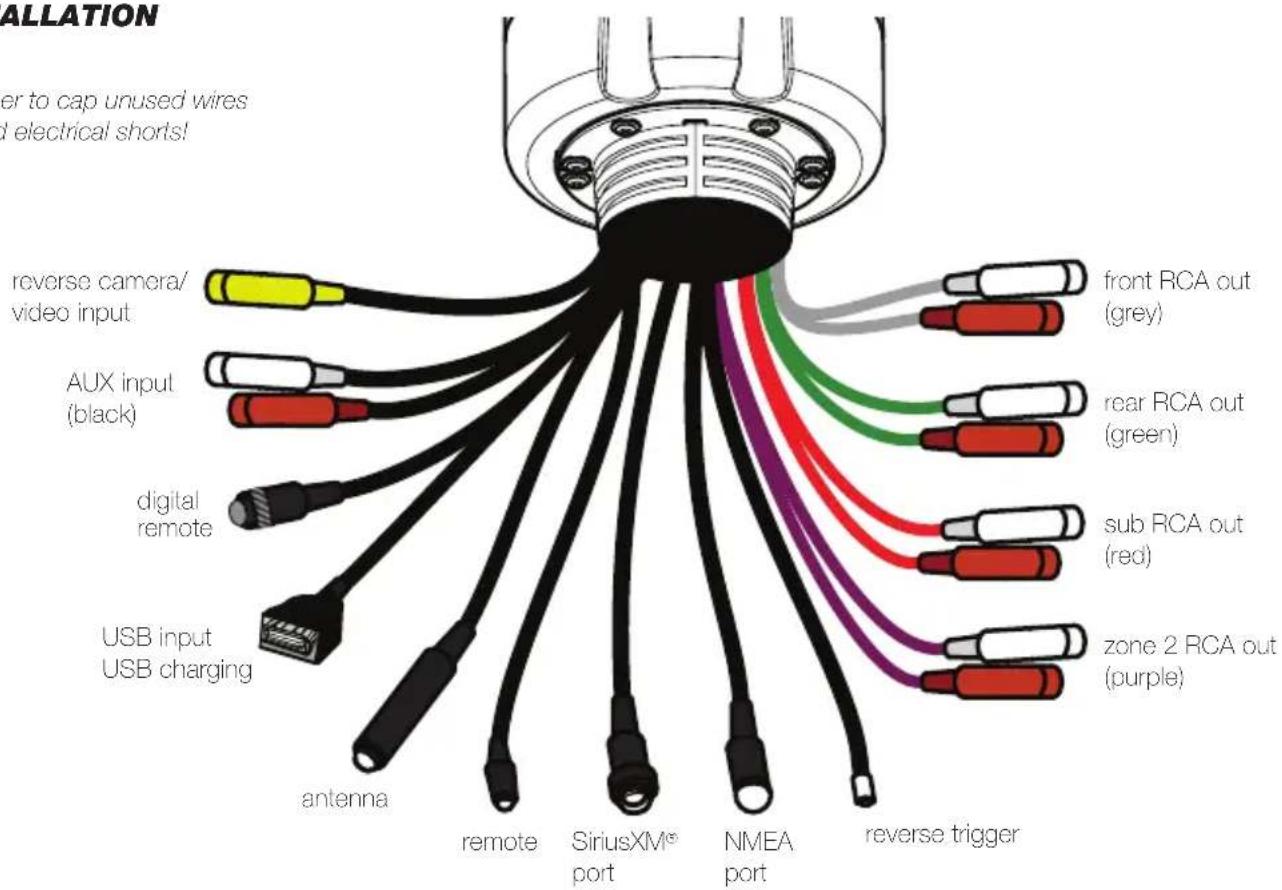 ALLATION Power to cap unused wires and electrical shorts! reverse camera/ video input AUX input (black) digital remote USB input USB charging antenna remote SiriusXM® port NMEA port reverse trigger front RCA out (grey) rear RCA out (green) sub RCA out (red) zone 2 RCA out (purple)