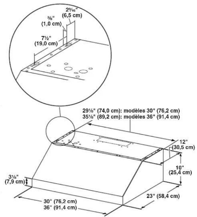 2½" (6,5 cm) 3½" (1,0 cm) 7½" (19,0 cm) 2½" (74,0 cm): modèles 30" (76,2 cm) 3½" (89,2 cm): modèles 36" (91,4 cm) 23" (58,4 cm) 30" (76,2 cm) 36" (91,4 cm)