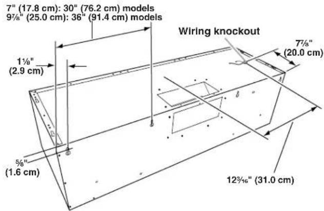7" (17.8 cm): 30" (76.2 cm) models 97/8" (25.0 cm): 36" (91.4 cm) models Wiring knockout 1½" (2.9 cm) 7½" (20.0 cm) 5½" (1.6 cm) 12¾/16" (31.0 cm)