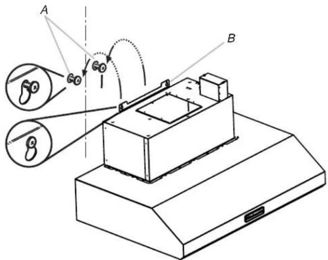 Technical diagram of a device with labeled components A and B, showing internal components and motion indicators.