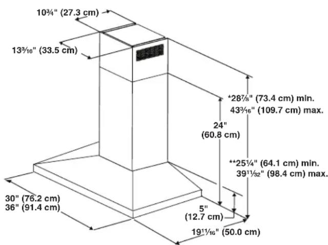 10¾" (27.3 cm) 13¾/16" (33.5 cm) *28½" (73.4 cm) min. 43¾/16" (109.7 cm) max. 24" (60.8 cm) **25¼" (64.1 cm) min. 39¼/16" (98.4 cm) max. 30" (76.2 cm) 36" (91.4 cm) 5" (12.7 cm) 19¼/16" (50.0 cm)