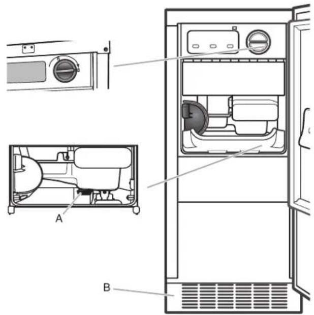 Technical diagram of a refrigerator interior with labeled components A and B, showing front and side views of the cabinet.